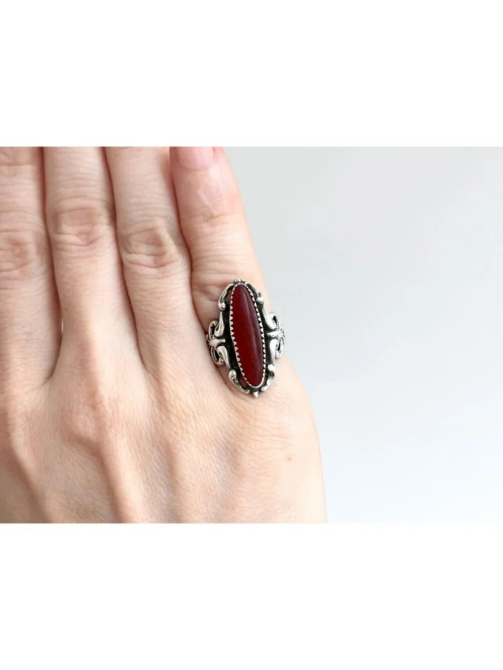 Carnelian Gemstone Jumbo Art Nouveau Sterling Silver 925 Vintage Ring - sz 5